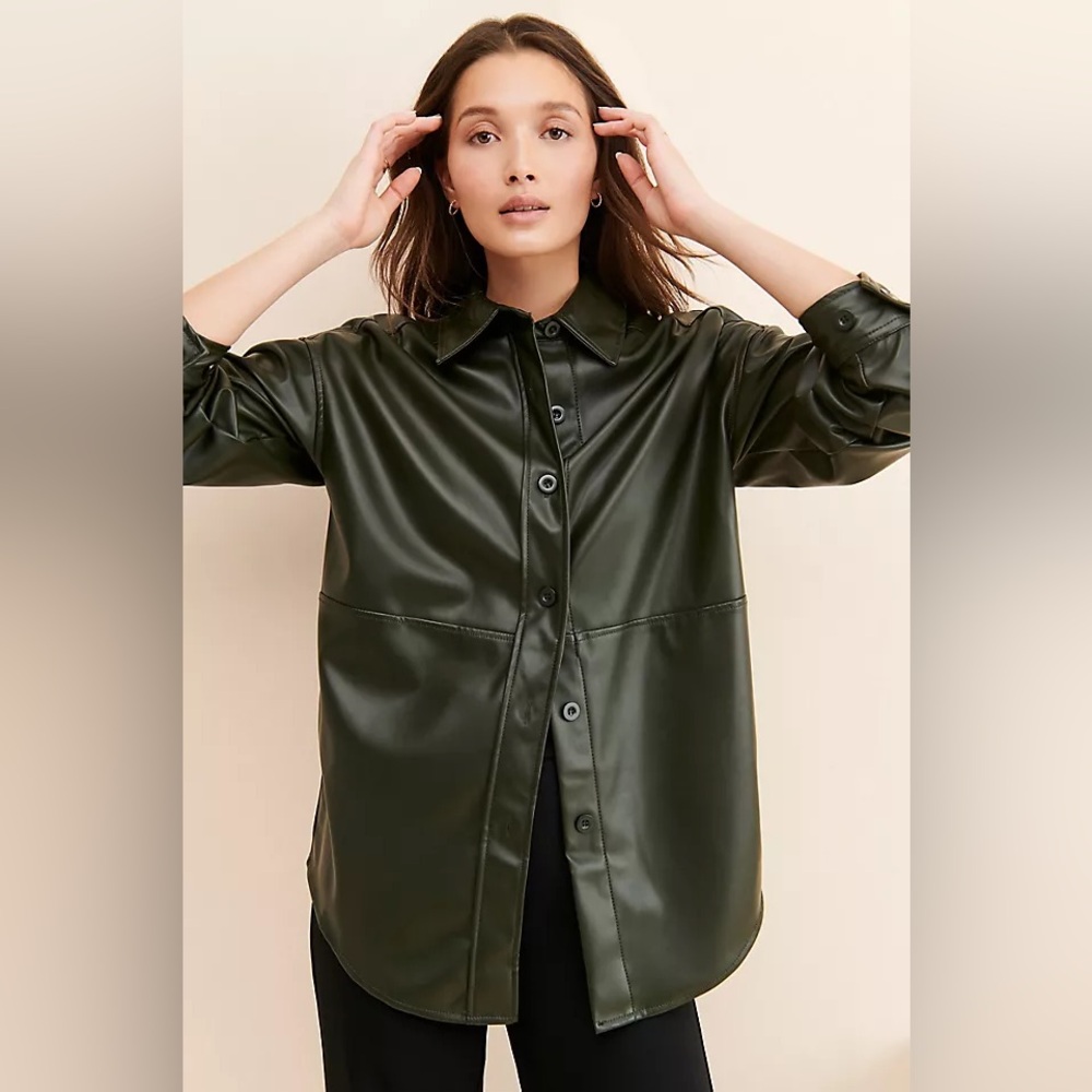 Badgley Mischka Gigi Vegan Leather Oversized Shirt Jacket - Dark Green
